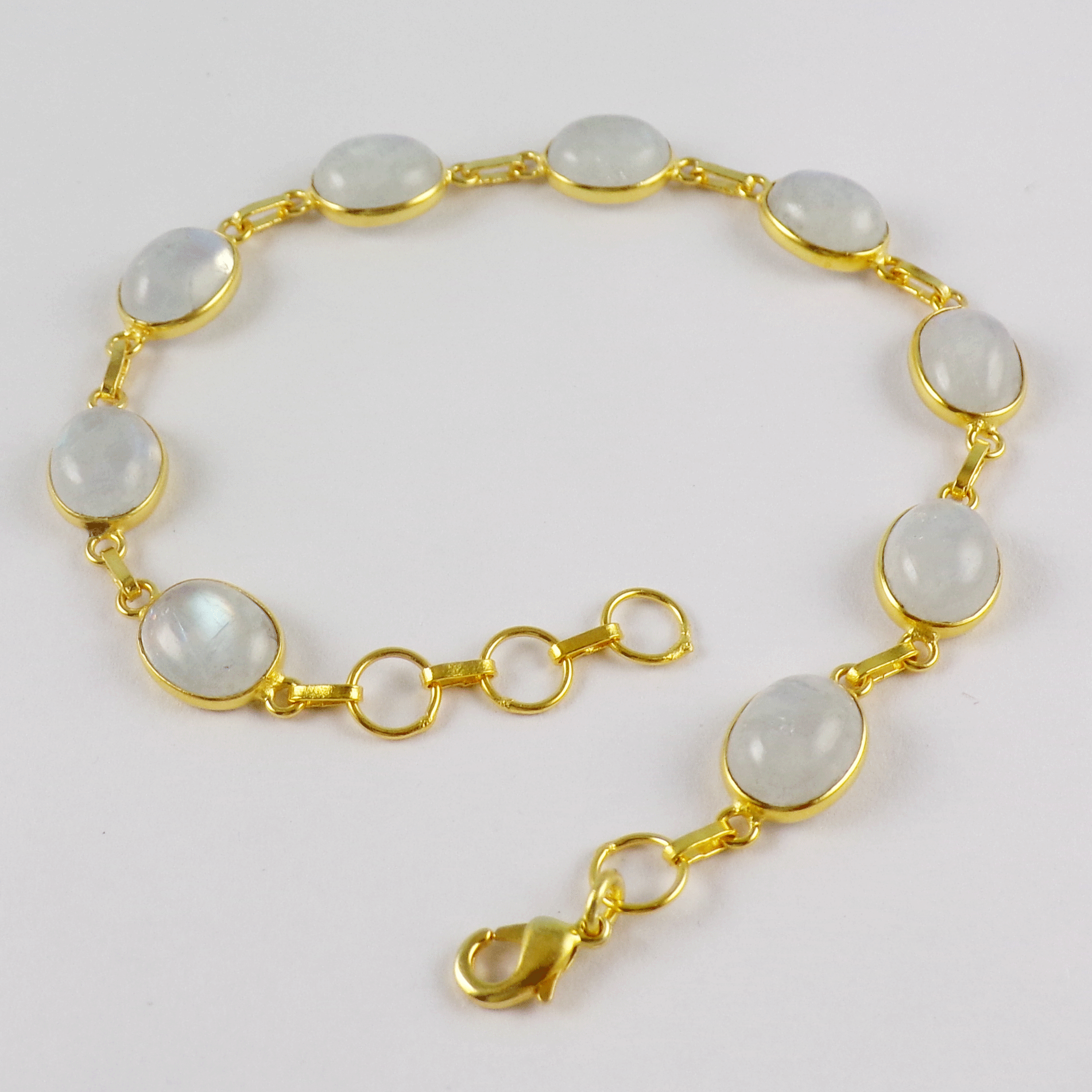 Natural Rainbow Moonstone Brass Bracelet B - BZB999 18K Gold Plated Oval 8x10mm Bezel Setting Brass Bracelet